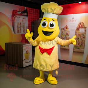 Yellow Paella mascot costume character dressed with a Playsuit and Ties