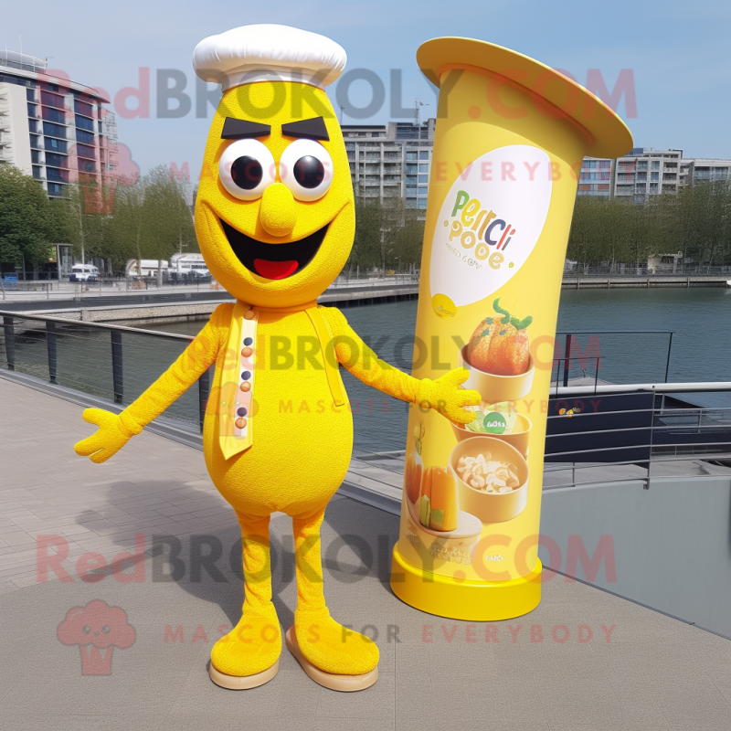 Yellow Paella mascot costume character dressed with a Playsuit and Ties