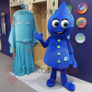 Blue Zucchini mascot costume character dressed with a Mini Dress and Lapel pins