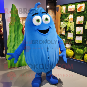 Blue Zucchini mascot costume character dressed with a Mini Dress and Lapel pins