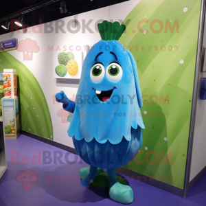 Blue Zucchini mascot costume character dressed with a Mini Dress and Lapel pins
