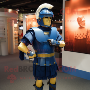 Navy Roman Soldier mascot costume character dressed with a Baseball Tee and Smartwatches