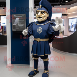 Navy Roman Soldier mascot costume character dressed with a Baseball Tee and Smartwatches