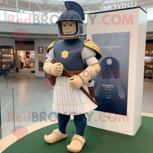 Navy Roman Soldier mascot costume character dressed with a Baseball Tee and Smartwatches