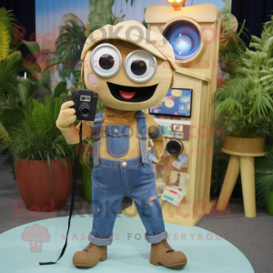 Tan Camera mascot costume character dressed with a Denim Shorts and Keychains
