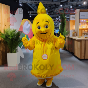 Lemon Yellow Tikka Masala mascot costume character dressed with a Parka and Earrings