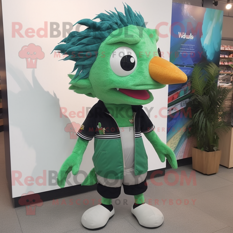 Forest Green Barracuda mascot costume character dressed with a Shorts and Hair clips Forest Green Barracuda mascot costume character dressed with a Shorts and Hair clips