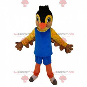 Mascot gele en zwarte vogel, in blauwe sportkleding -