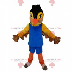 Mascot pájaro amarillo y negro, en ropa deportiva azul -