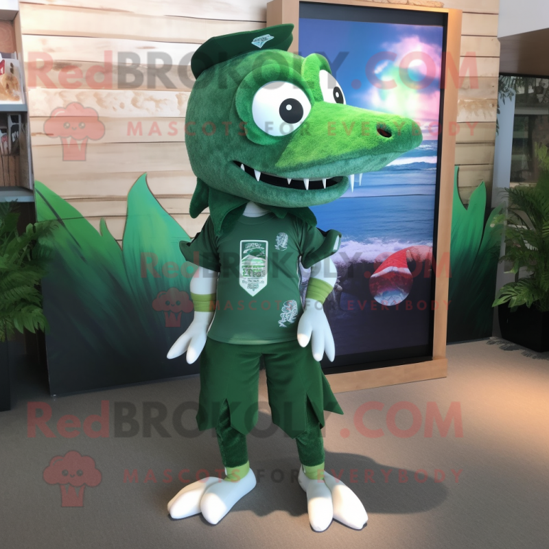 Forest Green Barracuda mascot costume character dressed with a Shorts and Hair clips