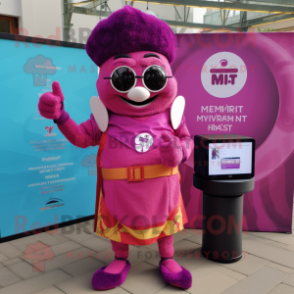 Magenta Biryani mascot costume character dressed with a Cover-up and Smartwatches