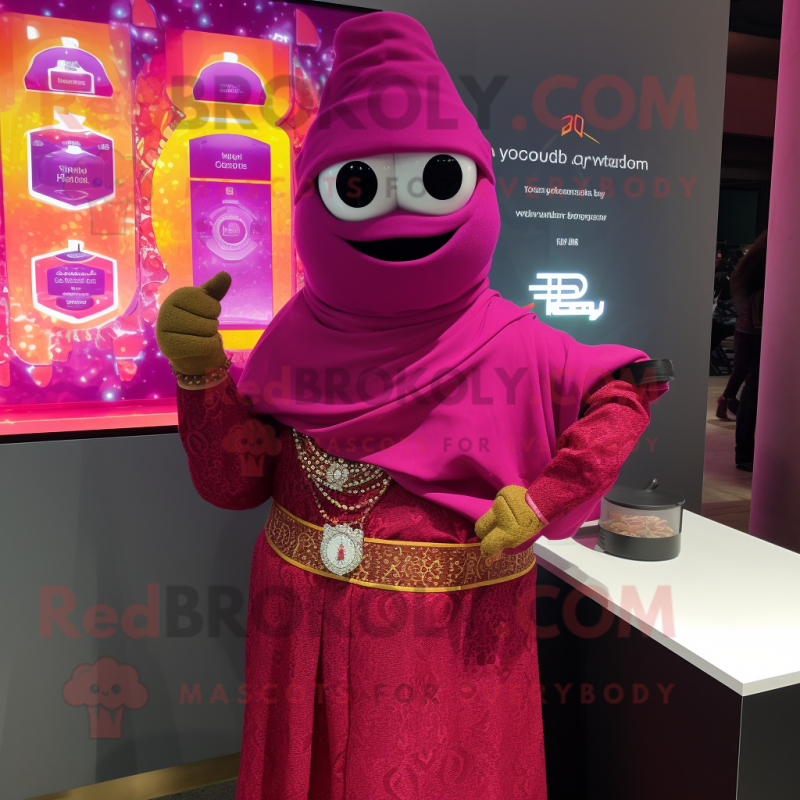 Magenta Biryani mascot costume character dressed with a Cover-up and Smartwatches