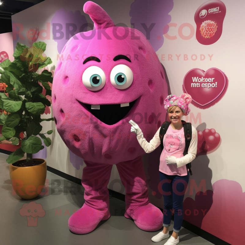 Pink Grape mascot costume character dressed with a Mom Jeans and Cummerbunds