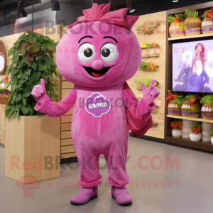 Pink Grape mascot costume character dressed with a Mom Jeans and Cummerbunds