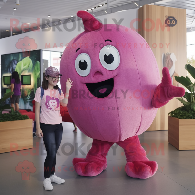 Pink Grape mascot costume character dressed with a Mom Jeans and Cummerbunds