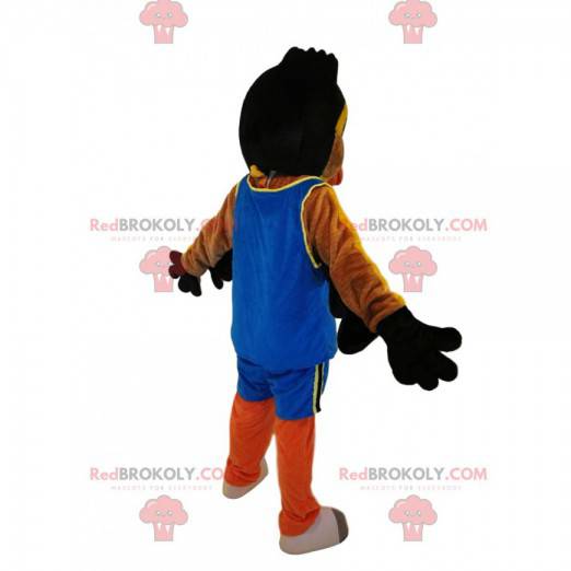 Mascot yellow and black bird, in blue sportswear -