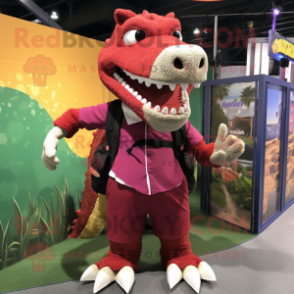 Maroon Crocodile mascot costume character dressed with a Dress and Backpacks