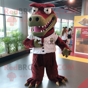 Maroon Crocodile mascot costume character dressed with a Dress and Backpacks