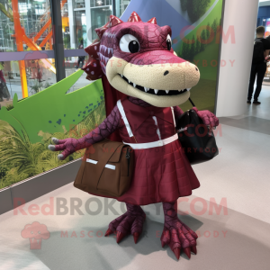 Maroon Crocodile mascot costume character dressed with a Dress and Backpacks