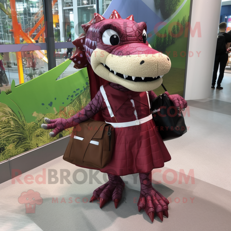 Maroon Crocodile mascot costume character dressed with a Dress and Backpacks Maroon Crocodile mascot costume character dressed with a Dress and Backpacks