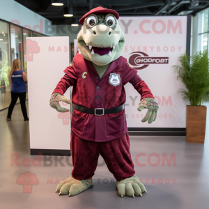 Maroon Crocodile mascot costume character dressed with a Dress and Backpacks