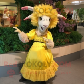 Yellow Angora Goat mascot costume character dressed with a Ball Gown and Hats