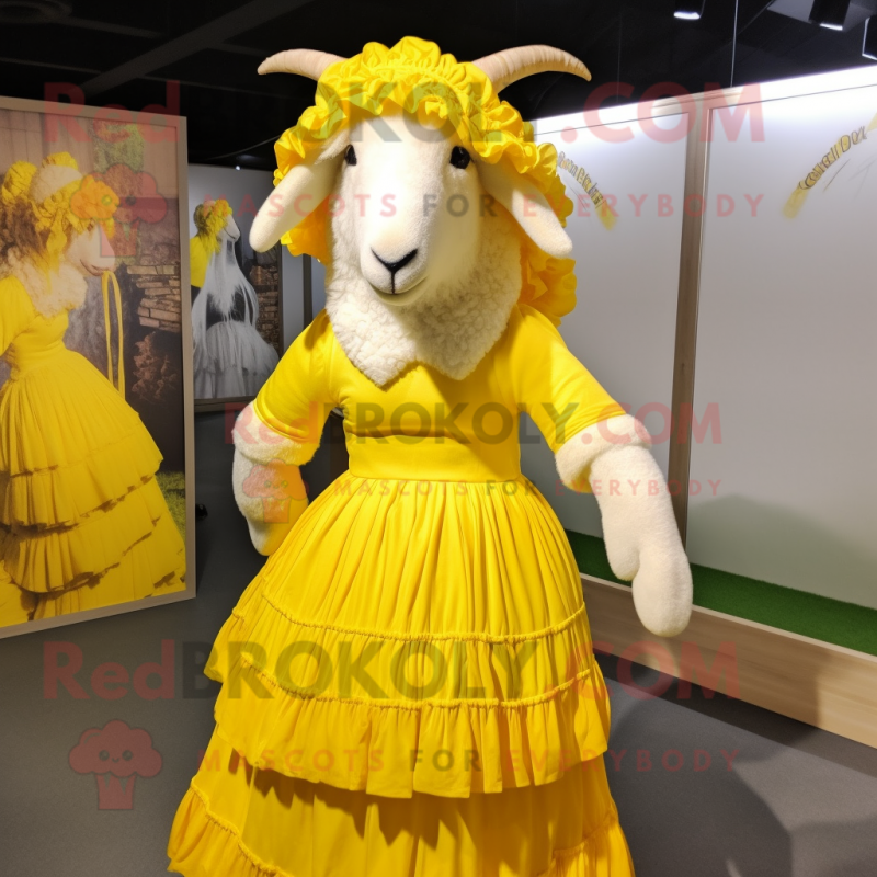 Yellow Angora Goat mascot costume character dressed with a Ball Gown and Hats