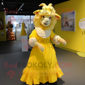 Yellow Angora Goat mascot costume character dressed with a Ball Gown and Hats