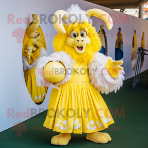 Yellow Angora Goat mascot costume character dressed with a Ball Gown and Hats
