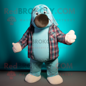 Turquoise Walrus mascot costume character dressed with a Flannel Shirt and Mittens