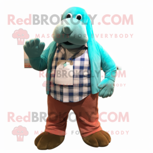 Turquoise Walrus mascot costume character dressed with a Flannel Shirt and Mittens