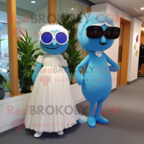 Sky Blue Kiwi mascot costume character dressed with a Wedding Dress and Sunglasses