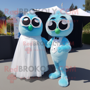 Sky Blue Kiwi mascot costume character dressed with a Wedding Dress and Sunglasses