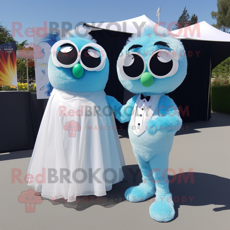 Sky Blue Kiwi mascot costume character dressed with a Wedding Dress and Sunglasses Sky Blue Kiwi mascot costume character dressed with a Wedding Dress and Sunglasses