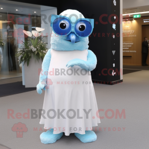 Sky Blue Kiwi mascot costume character dressed with a Wedding Dress and Sunglasses