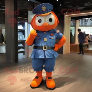 Orange Navy Soldier mascot costume character dressed with a Denim Shorts and Foot pads