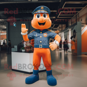 Orange Navy Soldier mascot costume character dressed with a Denim Shorts and Foot pads