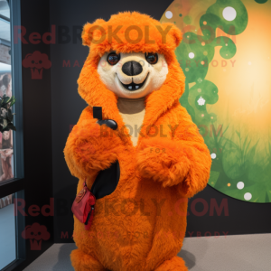 Orange Alpaca mascot costume character dressed with a Cover-up and Brooches