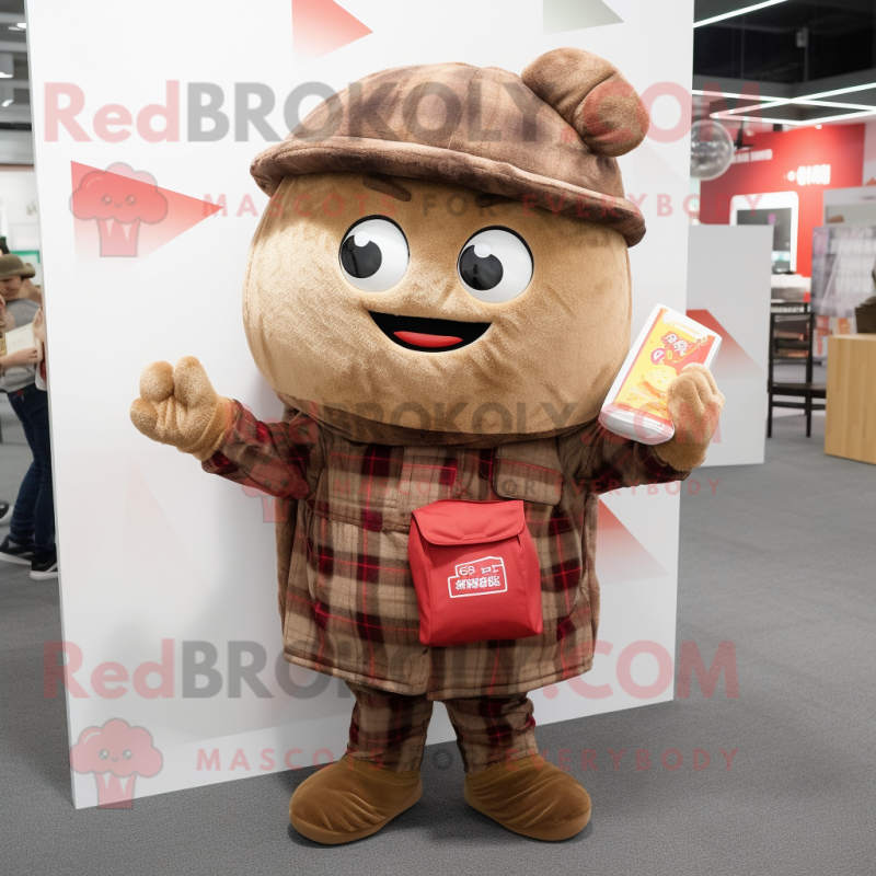 Brown Ramen mascot costume character dressed with a Flannel Shirt and Clutch bags