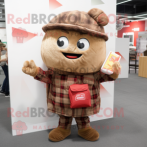 Brown Ramen mascot costume character dressed with a Flannel Shirt and Clutch bags