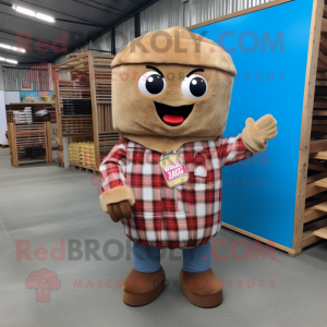 Brown Ramen mascot costume character dressed with a Flannel Shirt and Clutch bags