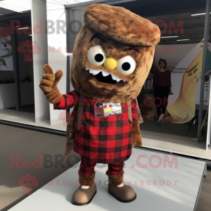 Brown Ramen mascot costume character dressed with a Flannel Shirt and Clutch bags