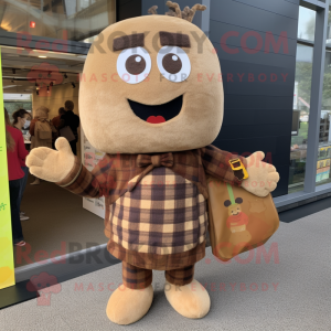 Brown Ramen mascot costume character dressed with a Flannel Shirt and Clutch bags