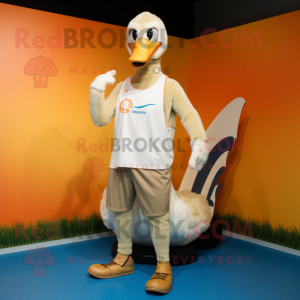 Tan Swans mascot costume character dressed with a Tank Top and Keychains