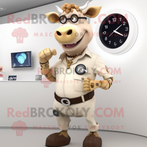 Beige Cow mascot costume character dressed with a Waistcoat and Digital watches