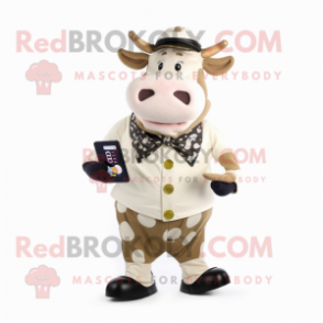 Beige Cow mascot costume character dressed with a Waistcoat and Digital watches