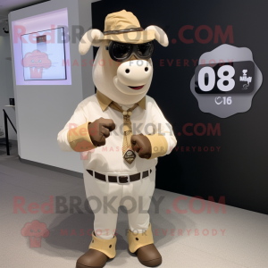 Beige Cow mascot costume character dressed with a Waistcoat and Digital watches