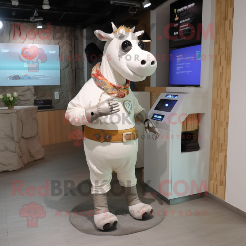 Beige Cow mascot costume character dressed with a Waistcoat and Digital watches Beige Cow mascot costume character dressed with a Waistcoat and Digital watches