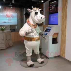 Beige Cow mascot costume character dressed with a Waistcoat and Digital watches