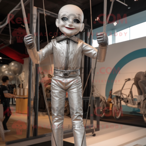 Silver Trapeze Artist mascot costume character dressed with a Moto Jacket and Suspenders